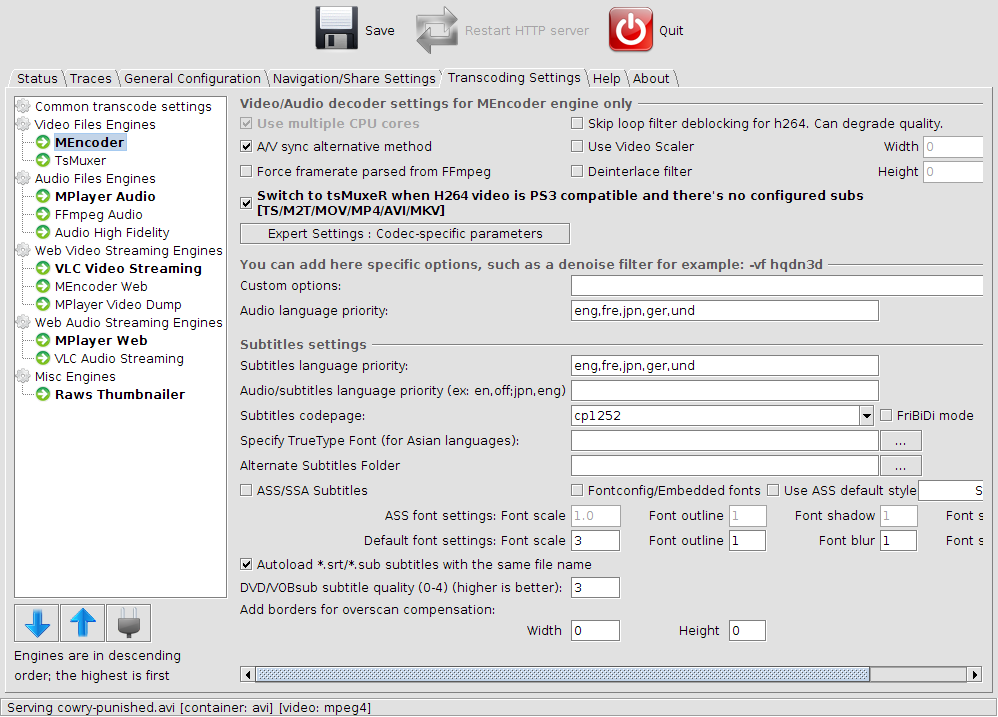 My settings on PS3MediaServer: