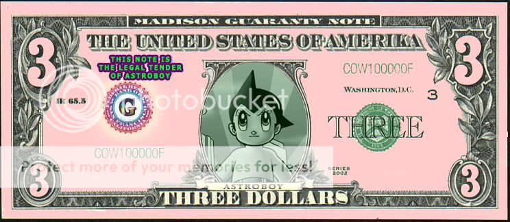 Astro Boy Pink 3 dollar bill on Soda Head